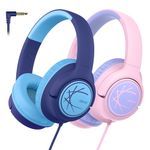 iClever HS26 Kids Headphones Cord, 85dBA Safe Volume Wired Headphones for Kids, Stereo Sound Foldable Adjustable, 3.5mm Jack, Over Ear Kids Headphones for School/Boys/Girls/iPad (Blue&Pink)