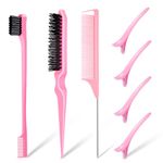 7PCS Hair Brush Comb Set, Slick Back Hair Brush Edges Brush Set, Bristle Hair Brush Teasing Brush Rat Tail Hair Comb with Hair Clips, Back Combing Brushes for Hairdresser Women Baby Children