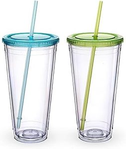 Luxfuel 32oz Colorful Tumblers with Lid and Straws,Double Walled Clear Plastic Straw Cup,Reusable Insulated Cups Perfect for Parties,Birthdays,Weddings,Graduation -2 Pack