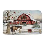 BNYARH Winter Farm Bath Mat Country Barn Wreath Horses Green Pine Tree Red Bird Snow Fence Vintage Rustic Happy New Year Holiday Microfiber Memory Foam Bathroom Decor Mat 17.7X29.5 Inch