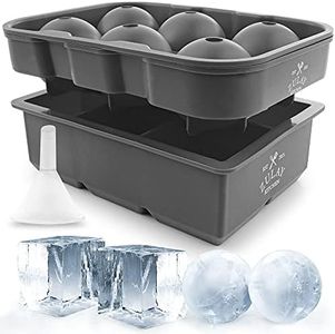 Zulay Kitchen Silicone Ice Cube Trays Set of 2 - Large Square Ice Cube Molds and Sphere Ice Ball Maker with Lid - Reusable Ice Mold For Whiskey, Cocktails, Bourbon (Gray)