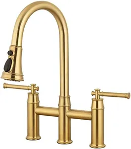 Brushed Gold Bridge Kitchen Faucet with Pull Down Sprayer, Lava Odoro Transitional Brass Kitchen Sink Faucet 3 Hole 2 Handle Spot-Resistant, Lead-Free, KF501-SG