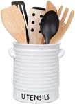 Karisky Kitchen Utensil Holder for Countertop, 6.2" Large Ceramic Utensil Crock with Cork Mat, Handles, Modern Cooking Tool Spatula Organizer for Kitchen Counter Decor, Matte White