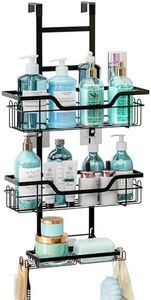 3-Tier Over The Door Shower Caddy, Hanging Shower Organizer with Soap Holder and 4 Hooks, Anti-Rust Plating Shower Shelf, Door Hanging Storage Organiser Rack for Bathroom, Kitchen, No Drilling Black