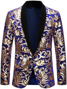 PYJTRL Men Fashion Velvet Sequins Floral Pattern Suit Jacket Blazer (Blue 01, S)
