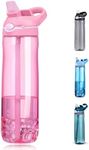 DEARART 750ml Water Bottles With Straw, 100% Leakproof BPA FREE Hidden Nozzle, Flip Up Lid Clear Water Bottle With Handle, Suit Office Gym Yoga Sports School Travel, Pink