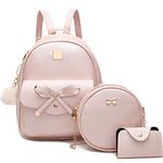 I IHAYNER Girls Bowknot 3-Pieces Fahsion Leather Backpack Backpack Purse for Women Rucksack for Ladies Shoulder Bag, Pink, Medium, Bow Backpack for Girls, Women Packpack Sets, Mini Backpack for Women