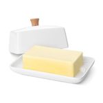 Flexzion Ceramic White European Butter Dish with Lid for Countertop (8 Inch) - Wide 2 Stick Double Butter Holder for Counter, Cream Cheese Container Storage Keeper