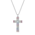 VEEHOO Girls Cross Necklace Baptism Gifts,Shiny Colorful Religious Christening Cross Necklace First Communion Gifts for Girls, Zinc, Rhinestone