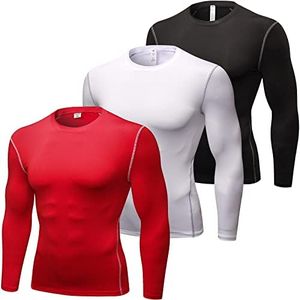 Men's Compression Shirt Long Sleeve Cool Dry Workkout Gym Shirts Baselayer Athletic Undershirt for Basketball Football, 3 Pack# Black+white+red, Medium