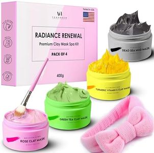 Maschera Viso Confezione premium da 4 (400 g) - Curcuma, Maschera maschera Argilla Disintossicante Tè Verde, Rosa, Maschera Fango Mar Morto, Set Maschere Facciali Spa, Purificante e Esfoliante
