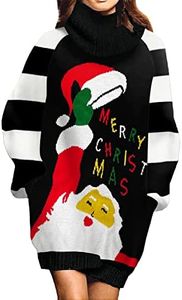 Jumppmile Womens Ugly Christmas Xmas Oversize Turtleneck Pullover Sweater Dress with Pockets, Santa With Hat, X-Large