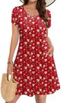 Zeagoo Red Floral Dress for Women Casual Dresses Short Sleeve Cotton Summer Simple Loose Sun Dress with Pockets Womens Dresses for Work Red Flowers L