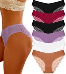 FINETOO 6 Pack Sexy Underwear for Women Silky Seamless No Show Panties Ladies Lace Bikini Lightweight Cheeky Hipster, Black & Brick Yellow & White & Purple & Date Red, Medium