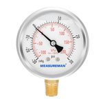 Measureman Compound Gauge, Glycerin Filled, 2-1/2" Dial Size, 1/4"NPT Lower Mount, Stainless Steel case, Brass Inside, -30"Hg-0-30psi/kpa