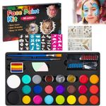 BRAINLE Kids Face and Body Paint Kit: Water-Based, Non-Toxic, 20-Color Oil Palette with 3 Glitters, 2 Hair Chalk Combs, 2 Paint Brushes, 32 Stencils, Tattoo for Parties, Facepaint, Halloween Makeup