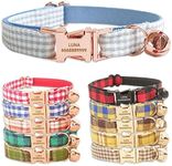 PETDURO Handmade Personalized Plaid Cat Collars with Bell & Name Engraved Metal Buckle Customized for Cute Girl and Boy Cats - Matching Bow Tie Available (S, Light Blue Plaid Rose Gold Buckle)