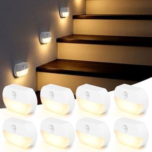 Necomi 8 Pack Motion Sensor Night Light, Stair Light Battery Operated Stick-On LED Lights with Auto On/Off, Wireless Indoor Sensor Lamps for Stairs, Hallway, Bathroom, Closet, Kitchen, Cupboard (Warm)