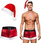 RSLOVE Men's Christmas Lingerie Set Sexy Santa Outfits 2PCS Red Boxers Holiday Briefs Underwear With Hat XXL