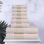 Superior Cotton 8 Piece Towel Set, Plush Quick Dry Decorative Bathroom, Modern Geometric Design with Dobby Border, Face Towels 13” x 13”, Hand Towels 16” x 30”, Bath Towels 30” x 52”, Ivory