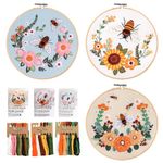 3 Sets of Embroidery Kits for Beginners, DIY Embroidery Starter Kit with Flowers Bee Pattern, Full Range of Embroidery Kits to Learn with Embroidery Hoops and Cloth, Color Threads Tool and Instruction