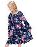 BesserBay Girls A-Line Dress Long Sleeve Dress Plain Casual Dress Spring Round Neck Wave-like Skirt End with Printing 7-8 Years