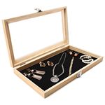 BELLE VOUS Natural Wood Jewellery Display Tray Case Box with Clear Acrylic Lid - W38 x D21.5cm/14.96 x 8.46 Inches - Showcase Organiser Holder for Earrings, Rings, Necklaces, Medals & More