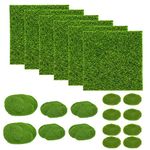 SNAGAROG 6 Pcs Artificial Grass Mat and 14 Pcs Artificial Moss Rock, 3 Size Moss Covered Stones Life-Like Fairy Fake Moss Balls Garden Fake Sod Moss for Mini Ornament Garden Doll House, 15 * 15CM