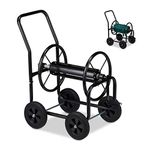Relaxdays Hose Cart Metal, 4 Rubber Wheels, XL Garden Hosepipe Trolley, Crank, Holds 60 m, HWD 81 x 48 x 80 cm, Black, Steel
