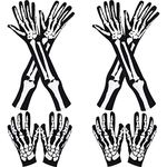 Jovitec 2 Pairs Halloween Skull Gloves Long Arm Skeleton Gloves and 2 Pairs Skeleton Short Gloves for Halloween Costume Cosplay Party