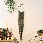 Boho Macrame Woven Wall Hanging, Crochet Crescent Moon Star Dream Catcher with Long Tassel- Cotton Cord Bohemian Home Decor Ornament Decoration Art Craft Gift for Kids Bedroom (Olive, Without Light)