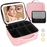 Travel Makeup Bag with LED Mirror,Travel Makeup Organizer,Makeup Case with Lighted Mirror 3 Color Setting,Waterproof Makeup Box with 10X Magnifying Mirror,Adjustable Dividers,Pink