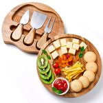 NURENDER Round Cheese Board and Knife Set, Acacia Charcuterie Board Set and Cheese Serving Platter with Slide-Out Drawer, 7.8 inch Cheese Cutting Board for Entertaining, Picnic, Party, Hotel