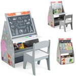 HONEY JOY Kids Art Easel, Wooden Double-Sided Toddler Table & Chair Set w/Adjustable Magnetic White Board & Chalkboard, Bookshelf & Storage Bin, Arts & Crafts, Kids Easel for Boys Girls (Gray)