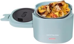 Nostalgia Portable 20-Ounce Electric Heated Lunch Box – Travel Size 2.5 Cup Capacity for Soup, Chili, and Leftovers – Leak Proof Silicone Sealed Lid, Foldable Carry Handle, Detachable Cord – Chambray