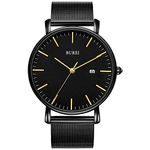 BUREI Men's Fashion Minimalist Wrist Watch Analog Date with Stainless Steel Mesh Band (Gold Dark Black)