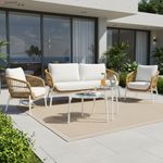 DEVOKO Nova Outdoor 4 Seater Rope Sofa Conversation Set with Comfortable All Weather Water-Resistant Cushions and Glass Top Round Center Table for Garden, Patio, Poolside Area (Beige & White)