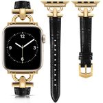 mxiixnai Leather Band Compatible with Apple Watch Strap Women, Genuine Leather Wristband with D-Shape Metal Buckle for iWatch Bands Series 10/9/8/7/6/5/4/3/2/1/se(38/40/41/42mm,Black/Gold)