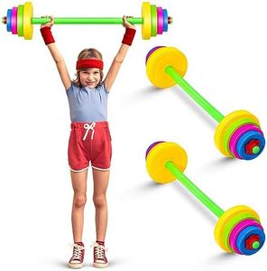 Leyndo 2 Set Kids Lifting Weight Set Colorful Kids Workout Equipment Adjustable Exercise Toy Plastic Barbell for Toddler Children Beginner Exercise Gym Fitness Weight Lifting Powerlifting