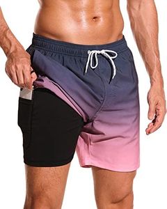 SILKWORLD Mens Swimming Trunks Quick Dry Bathing Suits 5 Inch Compression Liner Beach Swimsuit Shorts with Zipper Pockets, Pink Grey Gradient, M