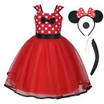 ACWOO Minnie Princess Costume for Toddler Girls, 4PCS Minnie Polka dot Fancy Dress Up Costum with Ear Headband, Nose, Tail, Girls Carnival Mouse Costumes for Halloween Birthday Party Cosplay