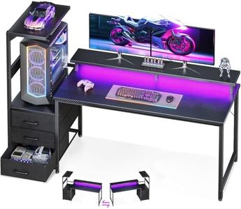 AODK 59 Inch Gaming Desk with USB Charging Ports & LED Light- Reversible Computer Desk with Storage Shelves & Monitor Stand, Modern Gamer Desk Table with Fabric Drawers & Side Hook, Carbon Fiber Black