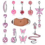 YADOCA 10Pcs 14G Belly Button Bars for Women Surgical Steel Pink Belly Bar CZ Butterfly Snake Clicker Navel Rings Belly Piercing Set Body Piercing Jewellery