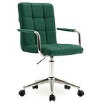 Finch Fox Velvet Height Adjustable Swivel Office Computer Barstool Armrest Desk Office Chair 360 Degree Rotate with Chrome Coated Metal Base and Castor Wheels Dark Green Color