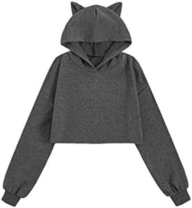 WDIRARA Girl's Cute Cat Ear Crop Tops Long Sleeve Causal Plain Hoodie Sweatshirt Shirt Dark Grey 13-14Y