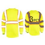 Pomerol Long Sleeve Safety Shirt High-Visibility Reflective 3 Packs Breathable Yellow Unisex Safety T-Shirt with Hi-Vis Strip and Front Packet for Work Cycling Runner Surveyor Guard Construction