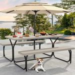 DWVO 6FT Picnic Table, Heavy Duty Outdoor Picnic Table and Bench w/Umbrella Hole, Resin Tabletop & Stable Steel Frame Perfect for Yard Patio Lawn Party, Light Brown