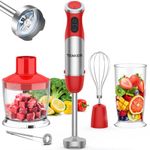 Tenker 5-in-1 Immersion Hand Blender, 1000W 12 Speed Handheld Blender, Copper Motor Stainless Steel Stick Blender for Kitchen, 600ml Mixing Beaker, 500ml Food Processor, Whisk, Milk Frother, Red