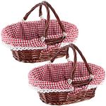 MAHIONG 2 PCS Oval Wicker Woven Gift Easter Basket, Hand Woven Empty Willow Woven Basket with Double Folding Handles and Washable Gingham Liner, Wicker Picnic Basket for Egg Candy Fruit Toy Storage