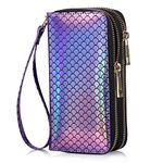 HAWEE Cellphone Wallet for Women Dual Zipper Long Purse with Removable Wristlet, Shiny Mermaid Purple